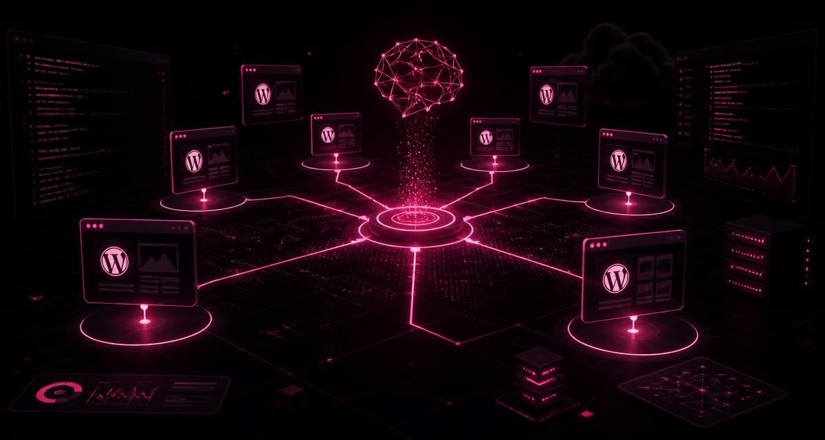 Neon pink network of connected WordPress site icons radiating from a central AI brain on a dark background